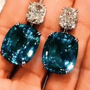 Medium Blue & Clear White Sapphire Stud Earrings on 925 Sterling Silver Women's